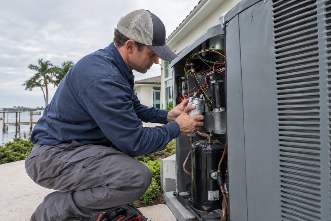 A technician replacing a capacitor inside the condenser panel at a waterfront ranch home in North Palm Beach, FL