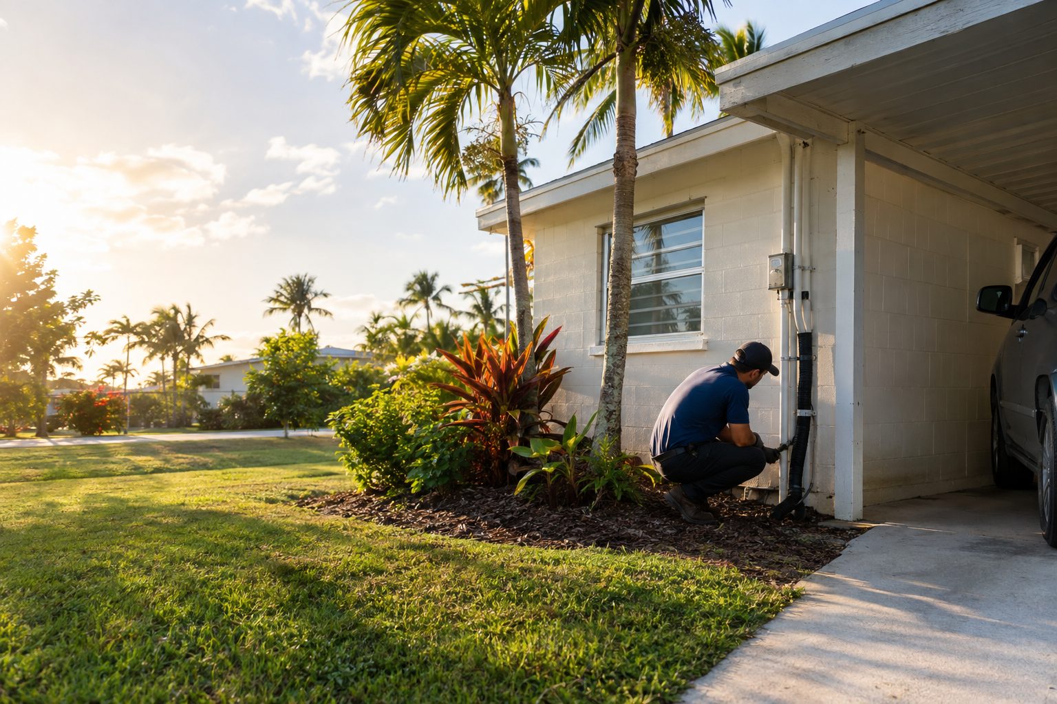 A tech examining the line set where it enters the wall at a small 1950s concrete block home with a carport in Lake Park, FL