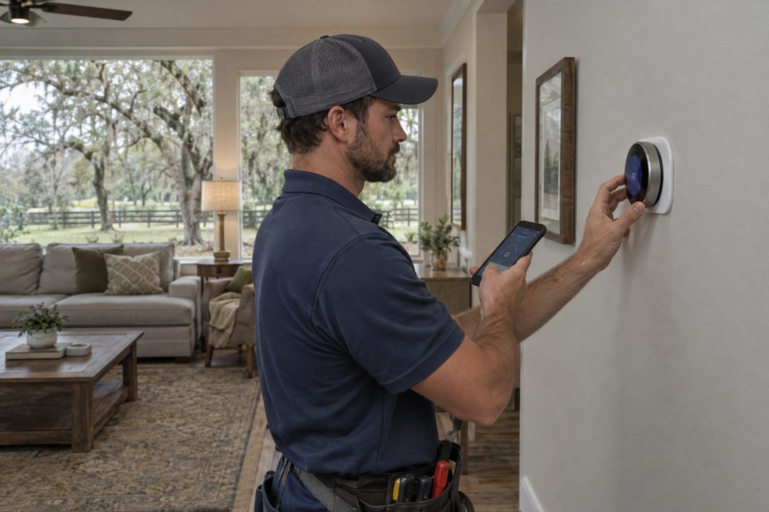 A smart thermostat being set up on a living room wall inside a ranch home on a wooded acre lot with oak trees in Prosperity Farms, FL